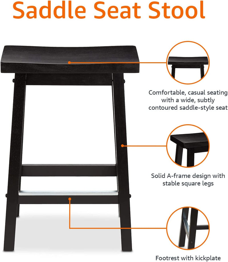 Amazon Basics Solid Wood Saddle-Seat Kitchen Counter-Height Stool, 24-Inch Height, Black - Set of 2