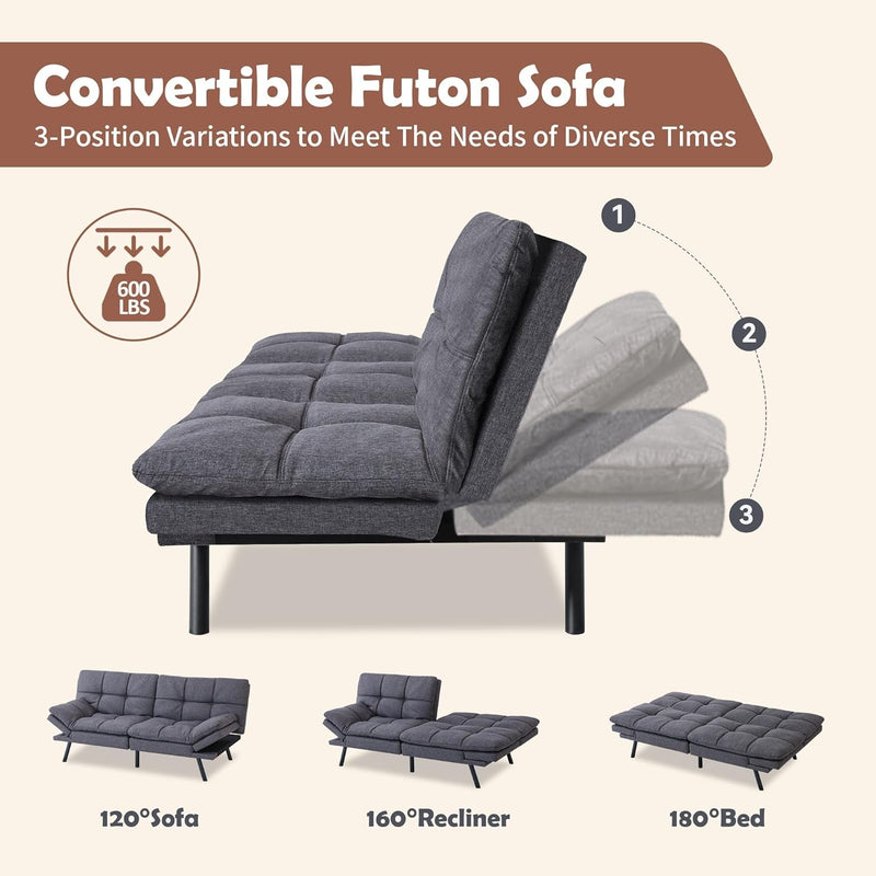 Bed,Futon Couch with Armrests Small Sleeper Sofas, Standard Grey