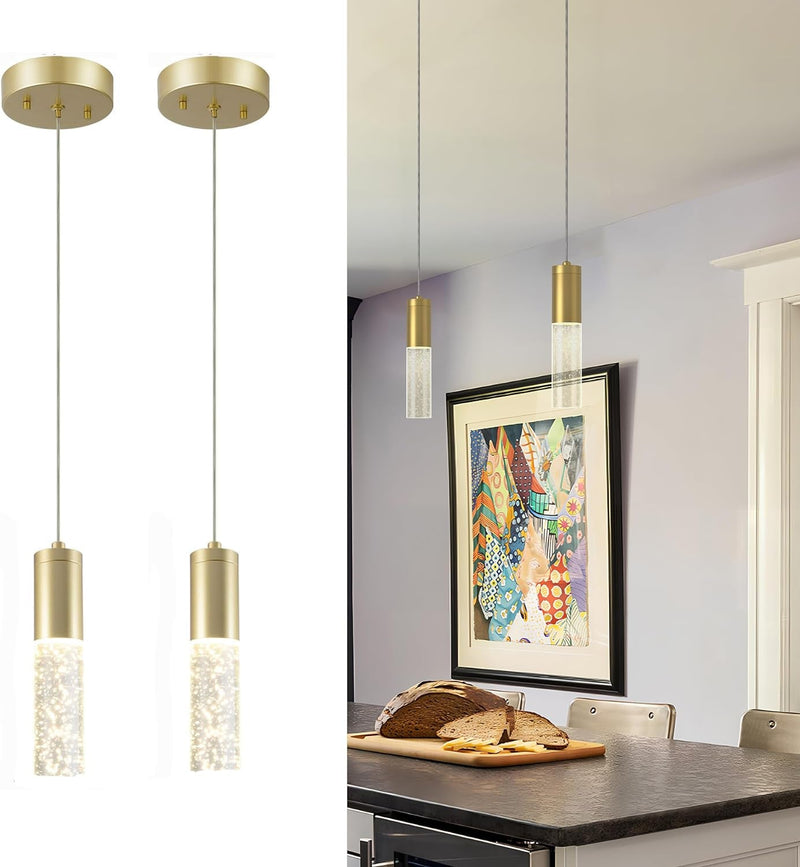 Gold Pendant Light, 2Pack Modern Pendant Light Kitchen Island Pendant Light Fixtures, 9W Modern Island Light with Bubble for Bar,Dining Room, Bedroom, Foyer, Kitchen Chandelier Light Fixture (Gold)