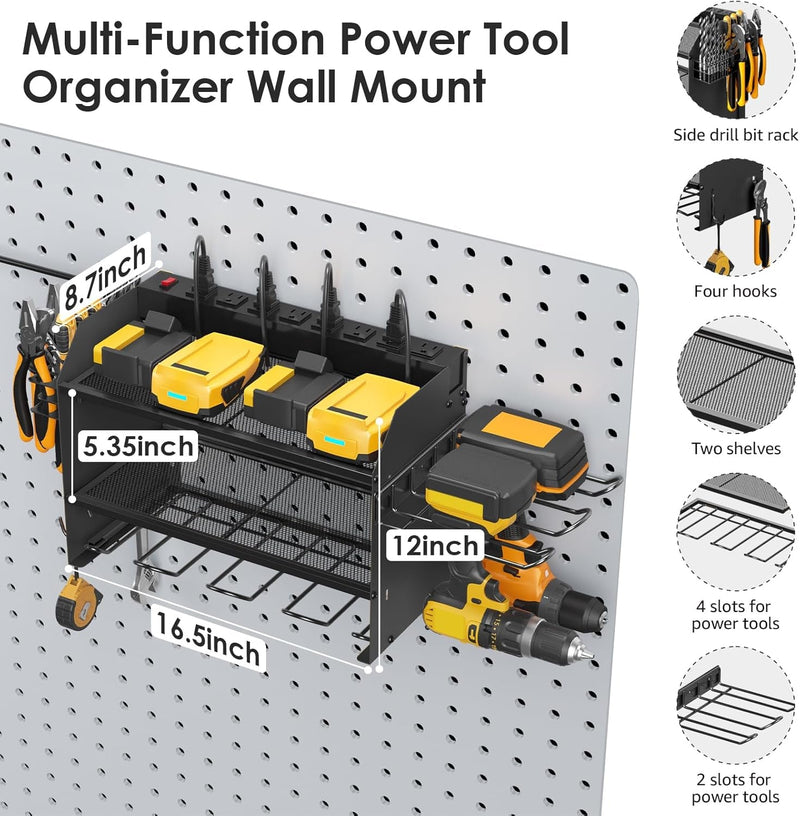 CCCEI Modular Power Tool Organizer Wall Mount Charging Station, Black 6 Drills Holder with 8 Plug Power Strip, Garage Drill Battery Heavy Duty Metal Shelf, Utility Rack with Hooks, Side Storage.