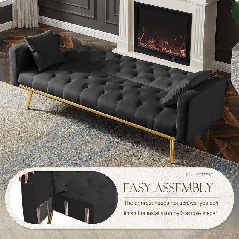 Convertible Velvet Futon Sofa Bed, 73-Inch Sleeper Couch with 3 Reclining Angles, Living Room Loveseat Sofa with Golden Tapered Metal Legs, Black