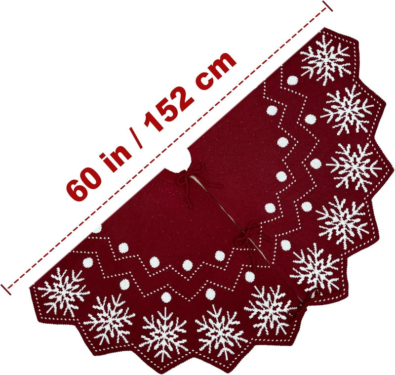 60-Inch Wavy Edged Reversible Knit Christmas Tree Skirt: Burgundy & White Snowflake Pattern with Lace Ties