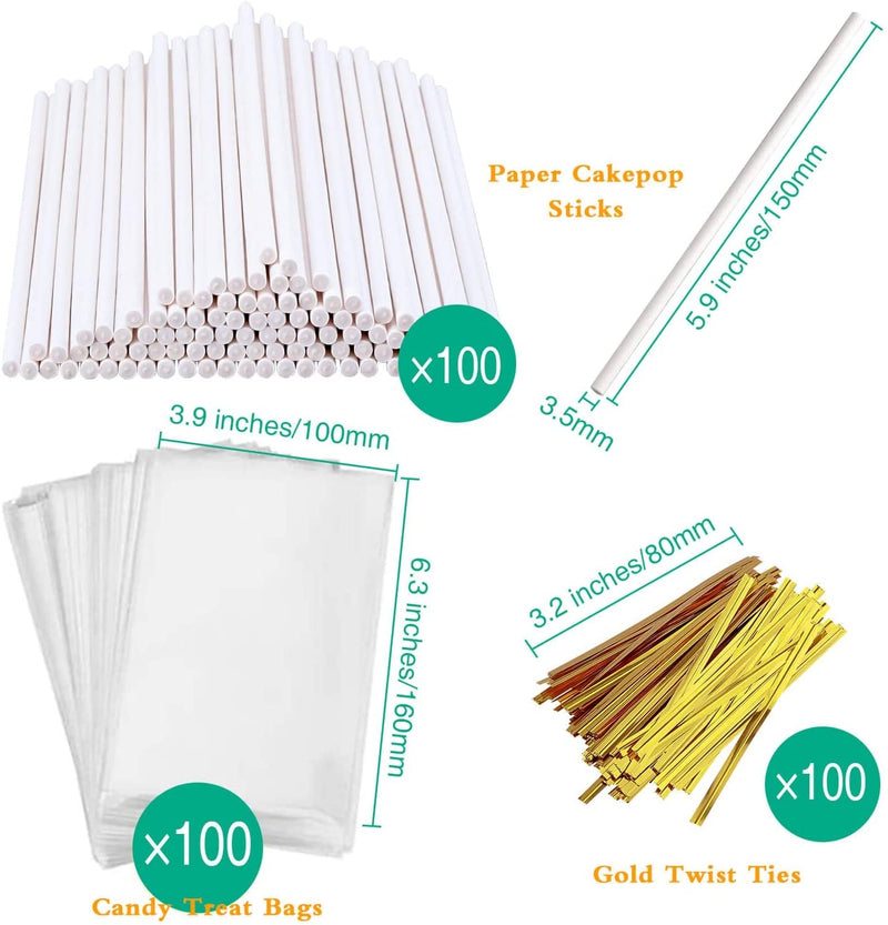 300 PCS Cake Pop Sticks and Wrappers Kit, Including 100Ct 6-Inch Paper Lollipop Sticks, 100Ct Clear Candy Treat Bags Parcel, 100Ct Gold Twist Ties for Cakepop, Lollipop, Hard Candy, Suckers, Chocolate