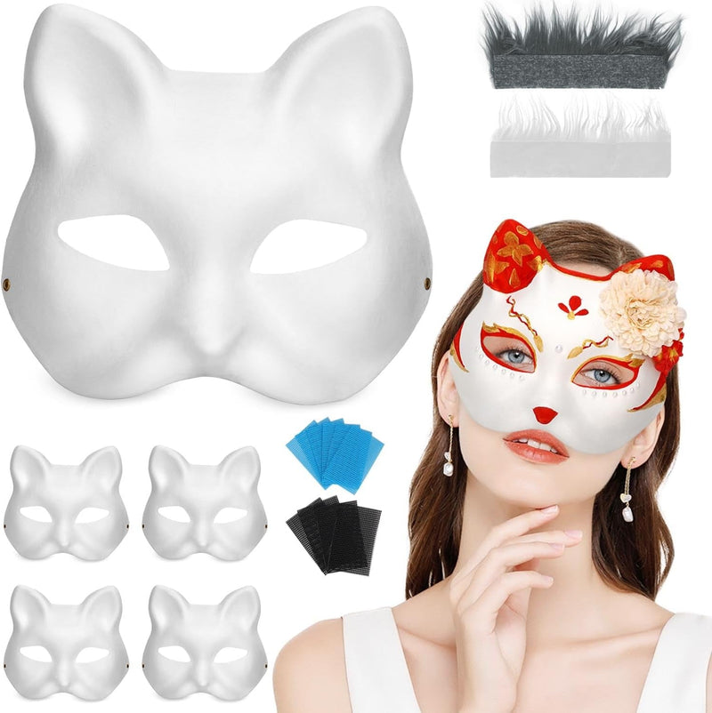 5/10Pcs Cat Therian Mask Kit with Fur and Eye Mesh - Blank DIY Halloween Animal Half Masks for Masquerade and Cosplay Parties