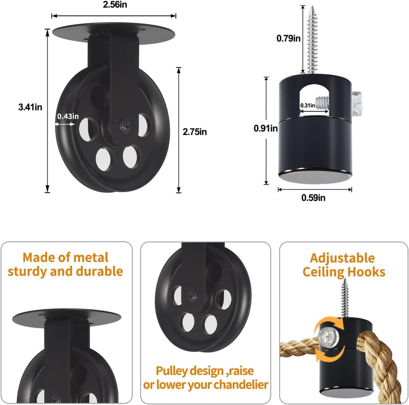 Adcyssnd Upgraded Pulley for Pendant Light Fixture, 2.75” Light Pulley with Ceiling Hooks, Black Pulley Wheels Set of Two, Industrial Light Pulleys for Pendant Lights, Grow Lights