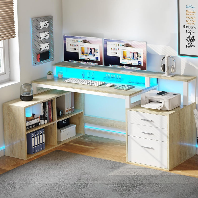 DWVO L Shaped Desk with Power Outlets & LED Lights, 65" Computer Desk with Drawers, Corner Desk Office Desk with File Cabinet & Printer Stand, White