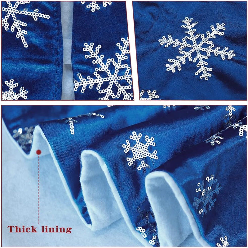 Christmas Tree Skirt, 36 Inches Blue Mercerized Velvet Skirt with Silver Sequin Snowflake for Rustic Xmas Tree Holiday Decorations