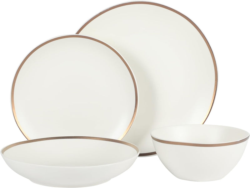 Gibson Elite Kings Road Double Plates and Bowl Organic round Porcelain Chip and Scratch Resistant Dinnerware Set - Matte White W/Gold Rim