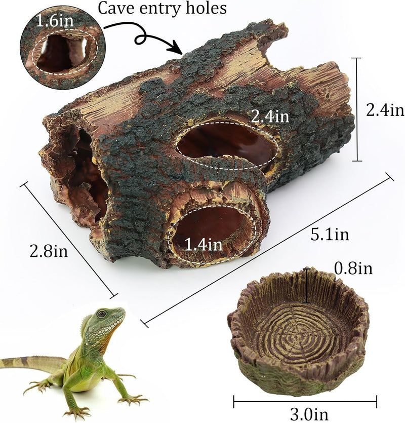 3Pcs Reptile Hide Cave Small Lizard Reptile Food＆Water Bearded Dragon Bowls Accessories,Natural Resin Hollow Tree Trunk Hideout,Hermit Crab Supplies Trunk Snake Gecko Frogs Fish Tanks Decor