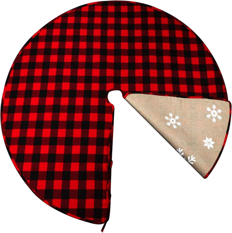 Aerwo Christmas Tree Skirt 48 Inch Red and Black Buffalo Plaid Tree Skirt, Double Sided Burlap Snowflake Tree Skirt Buffalo Check Xmas Tree Skirt for Rustic Christmas Holiday Decorations