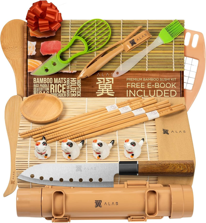 Alas Sushi Making Kit- Complete Sushi Making Kit for Beginners & Pros Sushi Makers, Perfect Sushi Making Kitchen Accessories like Sushi Knife, 2 Sushi Mats, Rice Bazooka, Dipping Plate, & More (Black)