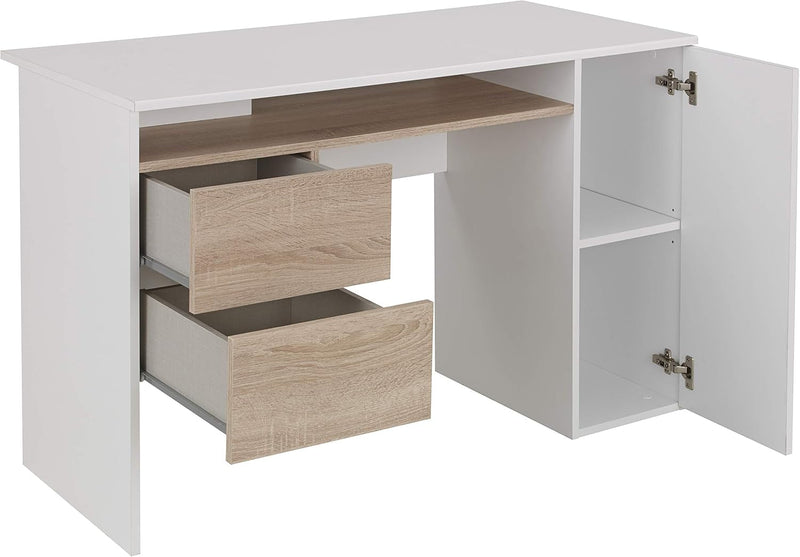 Bari White and Light Oak Home Office Modern Writing Computer Desk with Drawer