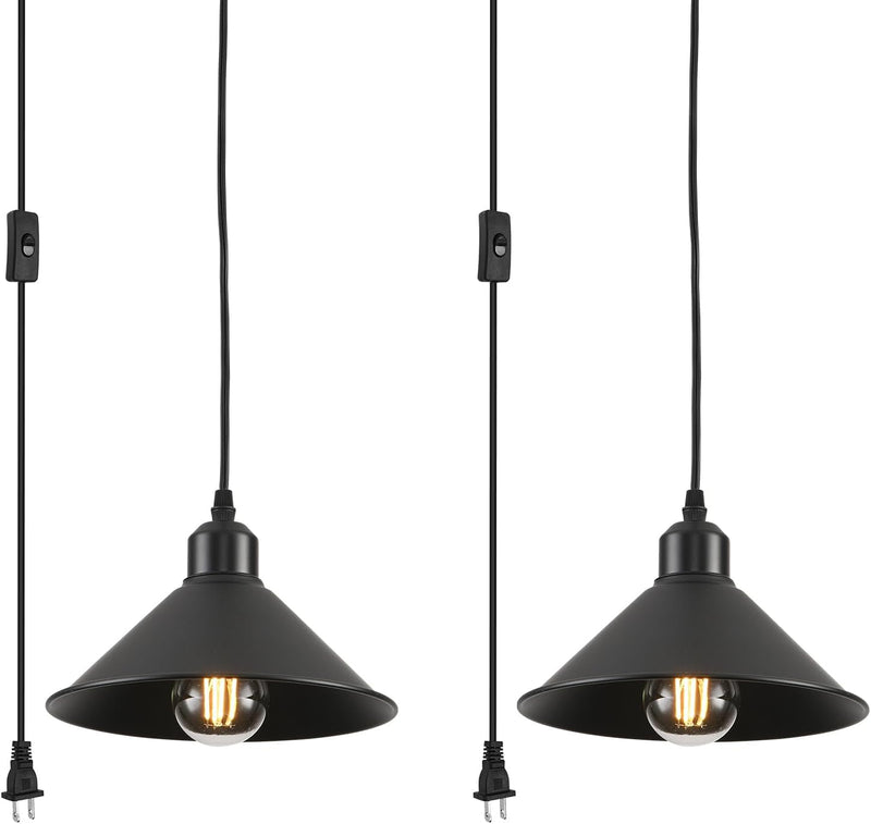 Black Plug in Pendant Light, 2 Pack Industrial Hanging Lamp Black Vintage Pendant Lighting Fixtures with 15Ft Cord On/Off Switch for Kitchen Island Dinning Hall Bedroom