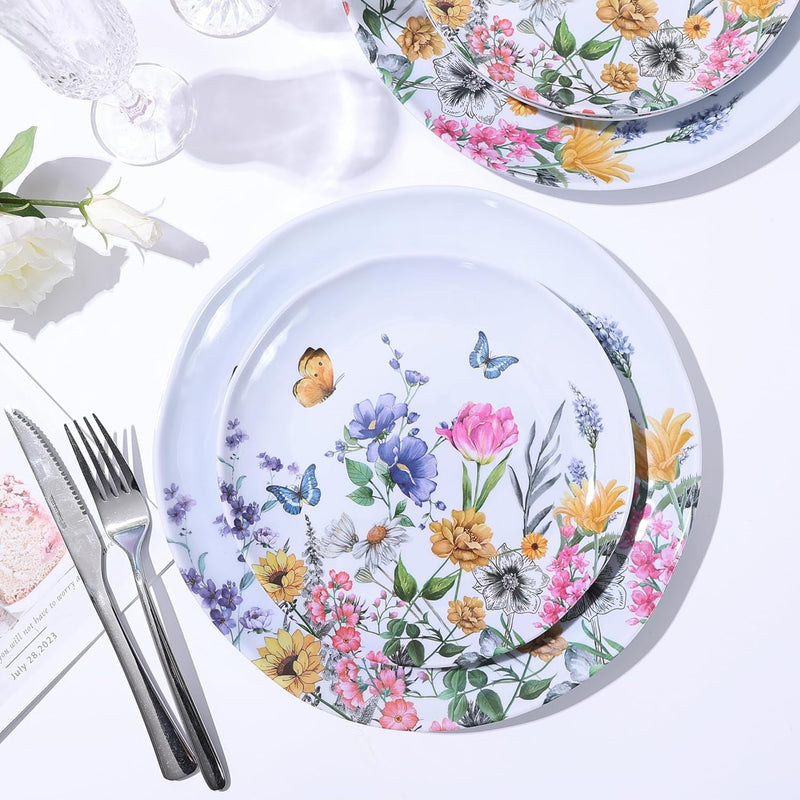 12 Piece Melamine Dinnerware Sets - Plates and Bowls Sets Floral Dinnerware Sets- Spring Camping Dishs Indoor Outdoor Use,Flowers and Butterflies Pattern