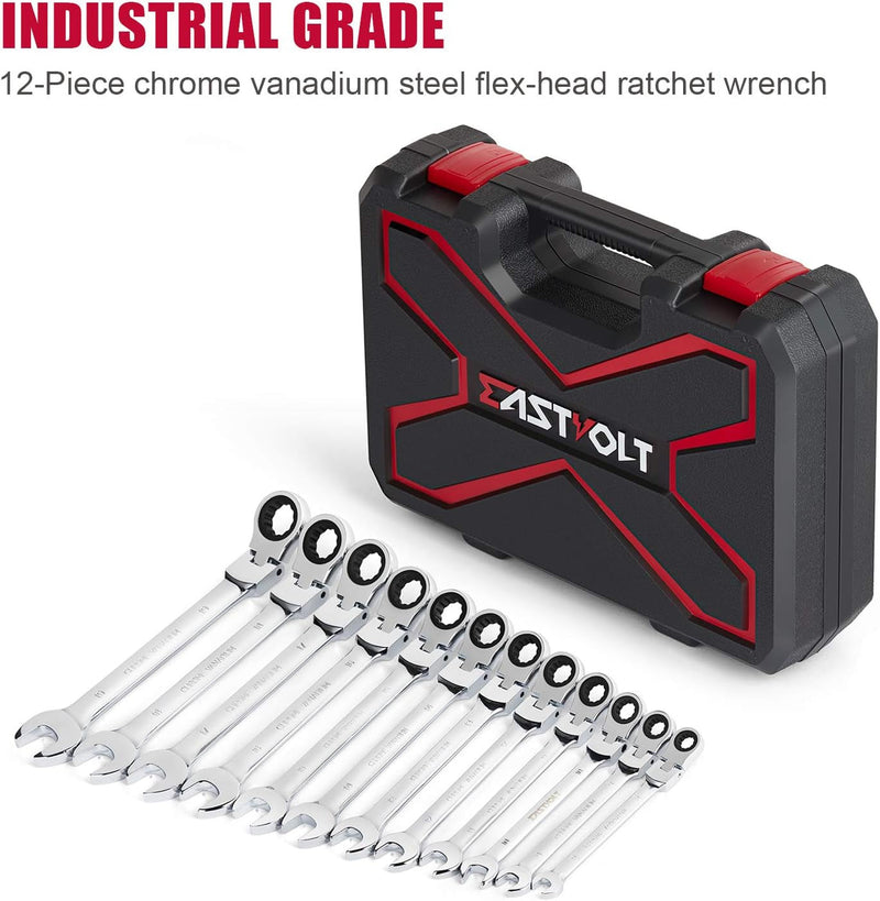 Eastvolt 12-Piece Flex-Head Ratcheting Wrench Set, Metric 8Mm-19Mm, Combination Ended Spanner Kits, Chrome Vanadium Steel with Toolbox, EVHT1201