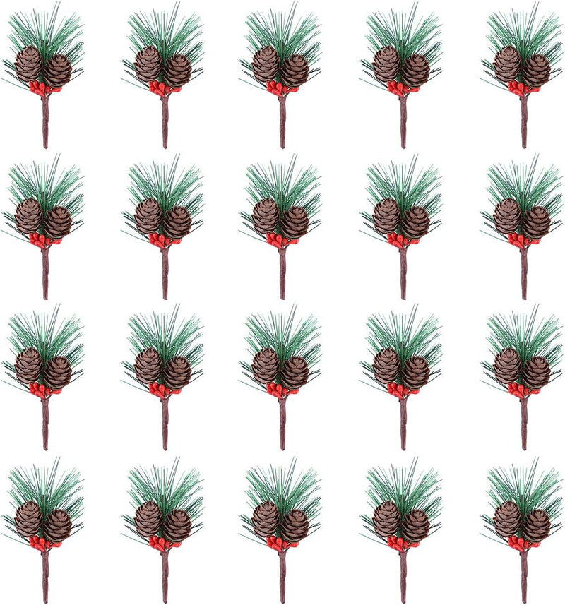 20Pcs Artificial Pine Picks Christmas Pine Picks Small Fake Berries Pinecones Branches Artificial Pine Tree for Christmas Flower Arrangements Wreaths and Holiday Decor