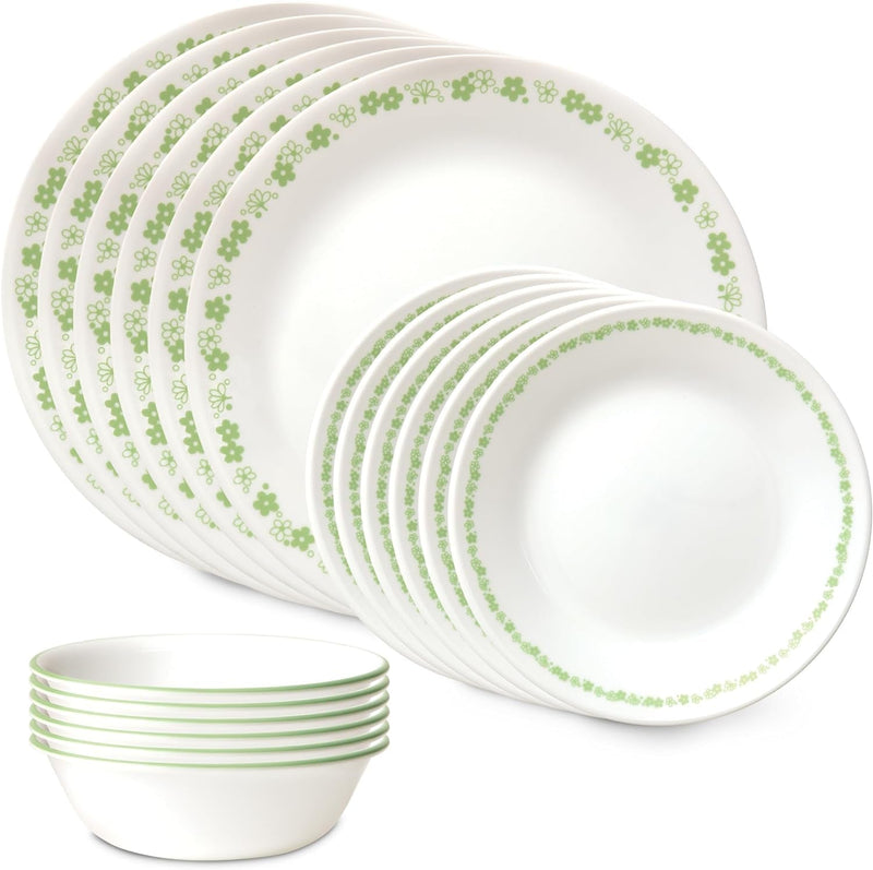 Corelle Vitrelle 18 Piece Glass Dinnerware Sets, Service for 6, Triple Layer Chip & Crack Resistant Glass Plate and Bowl Sets, Wildflower