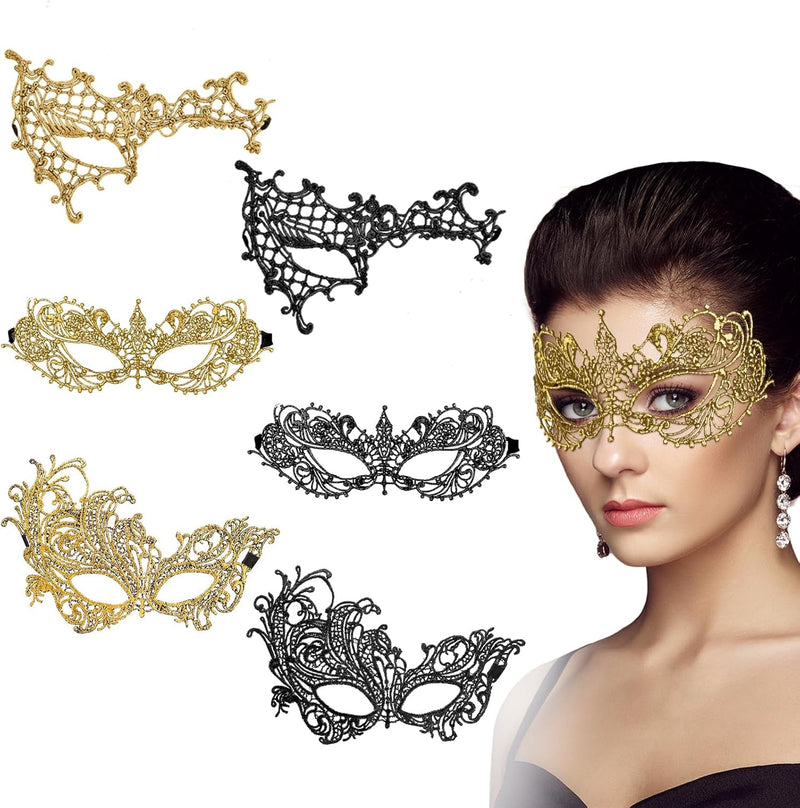 6 Pcs Masquerade Mask for Women Venetian Mysterious Disguise Lace Eye Mask Classic Style Fun Lace Mask Suitable for Evening Prom Ball Costume Theme Parties Role Plays Supplies