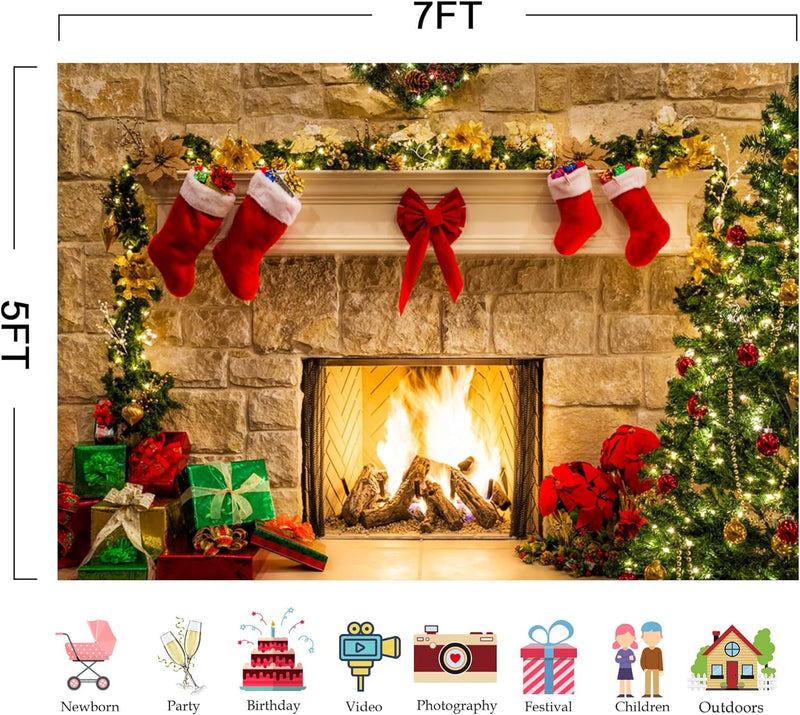 7X5Ft Christmas Fireplace Theme Backdrop for Photography Tree Sock Decorations for Xmas Party Supplies Photo Background Pictures Banner Studio Decor Booth Props