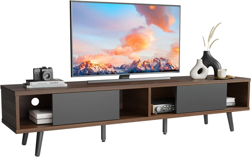 Bestier 70 Inch Mid Century Modern TV Stand for 75 Inch TV, Low Profile TV Stand with Storage, Entertainment Center for Living Room, Cord Management, Walnut