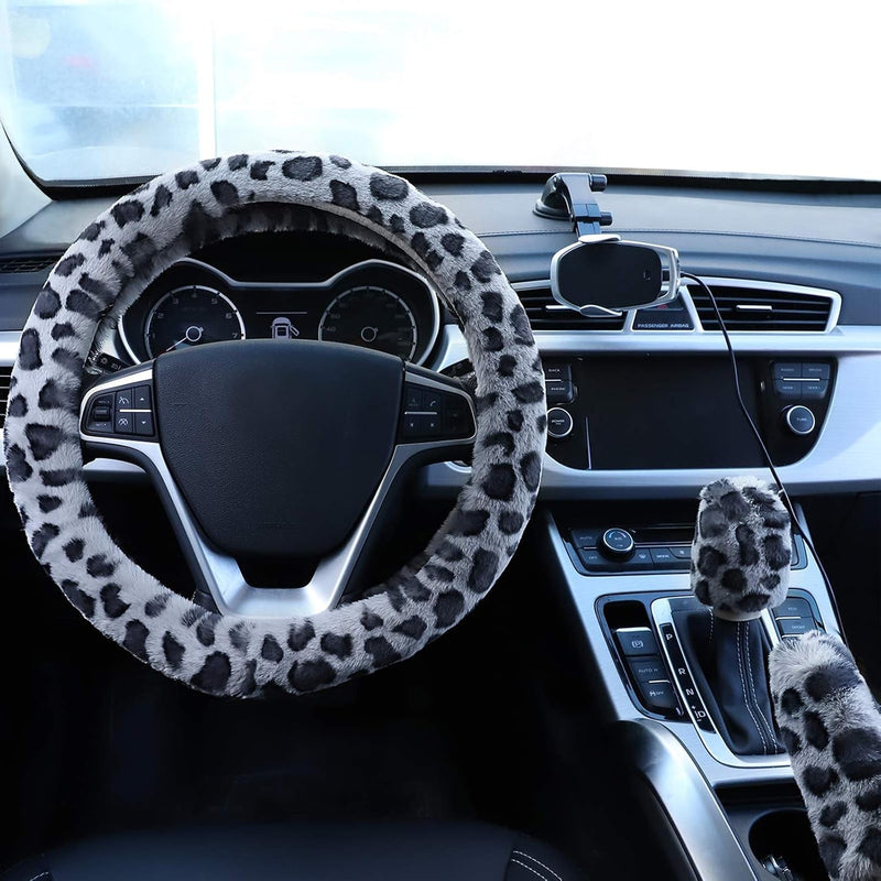 Fuzzy Steering Wheel Cover for Women Girls, Accmor Universal Fit Fur Car Wheel Cover & Handbrake Cover & Gear Shift Cover Set, Leopard Winter Warm Fluffy Vehicle Wheel Protector for Auto, SUV