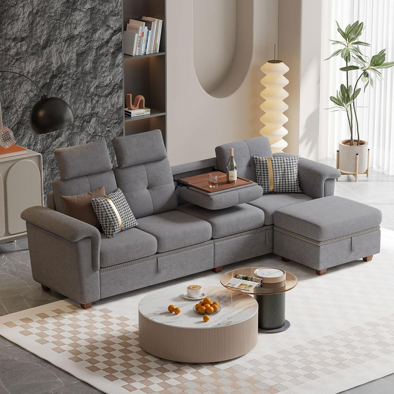 109" Convertible Sectional Sofa L Shaped Couch Wtih Storage, Modern 4 Seater Upholstered Fabric Couch with Hidden Coffee Table and Chaise for Living Room, Dark Grey