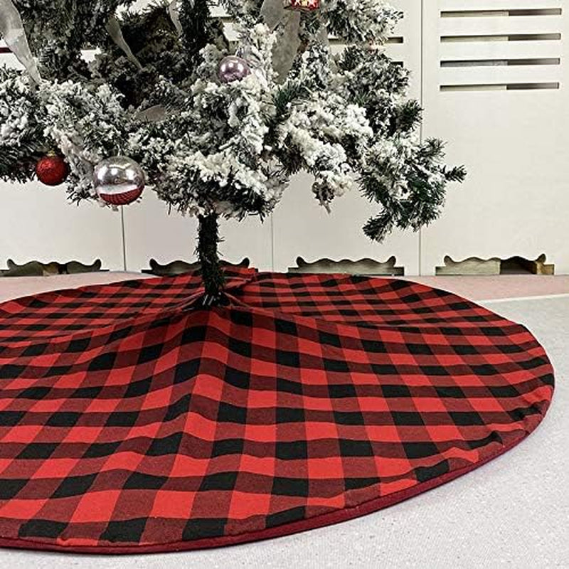 Buffalo Plaid Christmas Tree Skirt 48 Inches Black and Red Tree Skirt Holiday Party Tree Skirt Checked Tree Skirt Mat Christmas New Year'S Eve Party Decoration (48 Inches Christmas Tree Skirts)