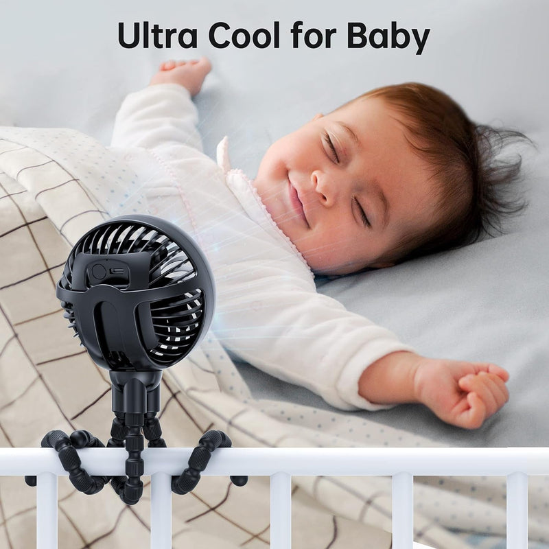 GUSGU Stroller Fan Clip on for Baby, Flexible Tripod & Rechargeable Battery, Small Personal Fan, Mini Portable Fan for Travel, Handheld, Car (Black)