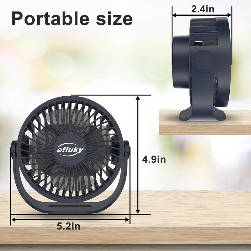 Efluky USB Small Desk Fan, 3 Speeds USB Rechargeable Fan Built-In Battery, 360° Adjustment Portable Mini Fan Suitable for Home, Office and Travel, Blue