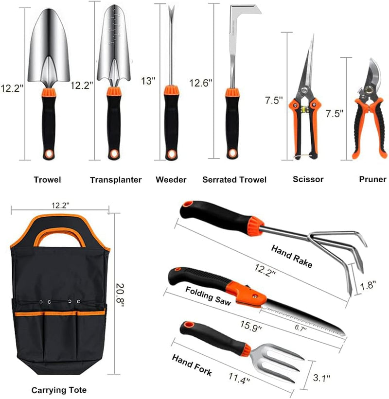 Garden Tool Set,10 PCS Stainless Steel Heavy Duty Gardening Tool Set with Soft Rubberized Non-Slip Ergonomic Handle Storage Tote Bag,Gardening Tool Set Gifts for Women and Men