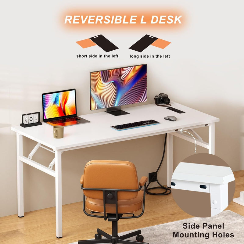 Dlandhome Reversible L-Shaped Desk with Monitor Stand,Led Lighting Computer Desk with Power Outlets,Home Office Table Computer Workstation, White