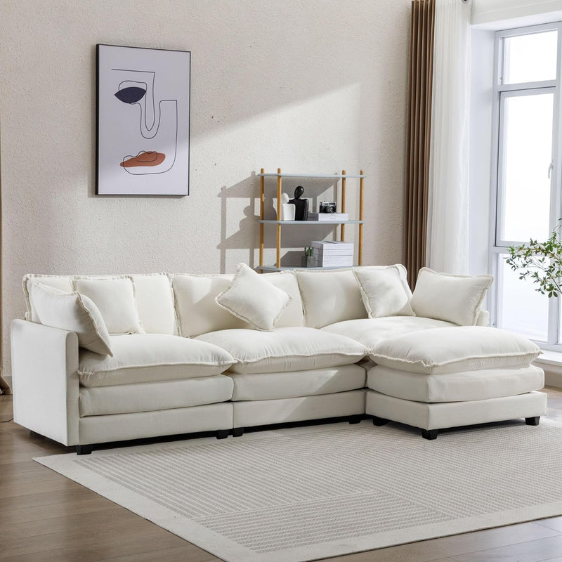 Convertible Sectional Couch, 5 Seater L-Shaped Sofa with Movable Ottoman and Solid Wood Legs, Modular Sofa&Couch for Small Apartments, Living Room and Office, Beige 99.6" 95.4"