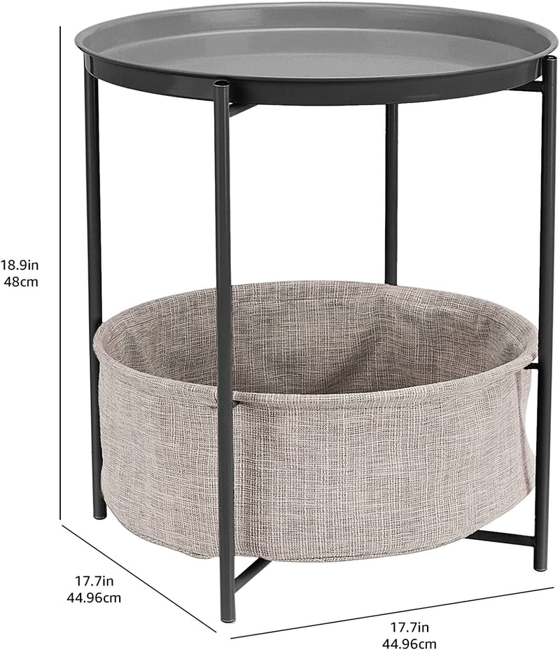 Amazon Basics round Storage End Table, Side Table with Cloth Basket, Charcoal/Heather Gray, 17.7 X 17.7 X 18.9 In