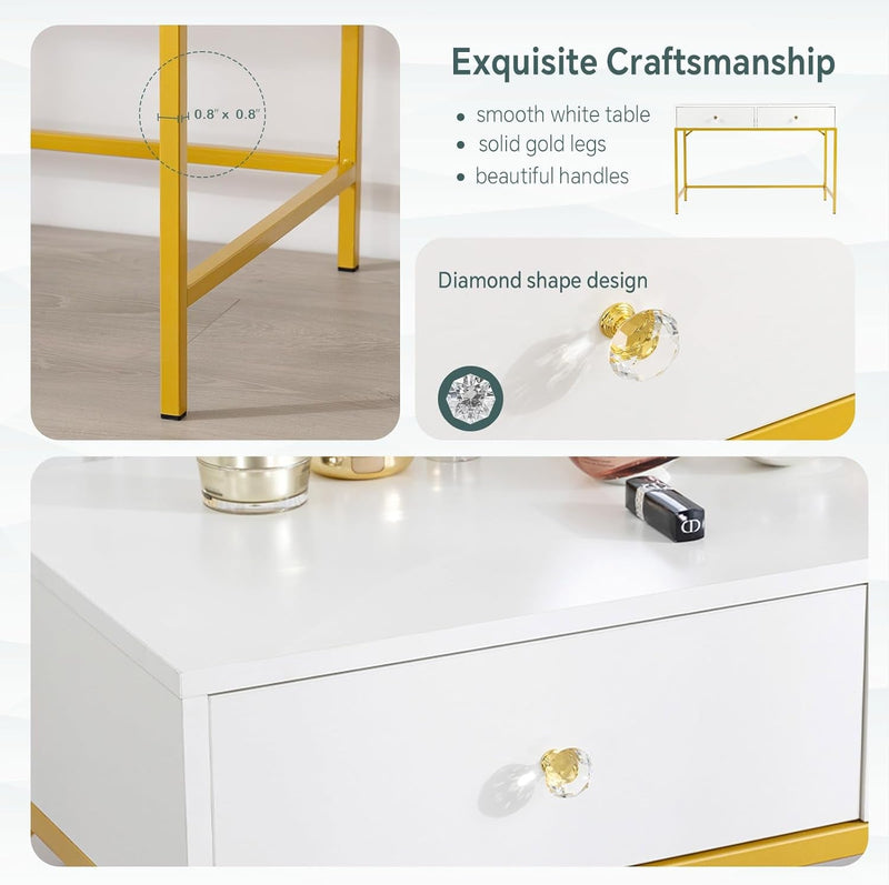 Bumblr 35" White Vanity Desk with Drawers, Computer Desk with Gold Leg, Makeup Dresssing Table for Bedroom, Home Office, Dressing Room, Study, Living Room, White and Gold