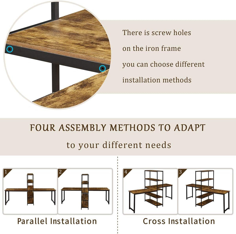 Home Office Two Person Computer Desk with Shelves, Extra Large Double Workstations Office Desk with Storage Shelves (Brown)