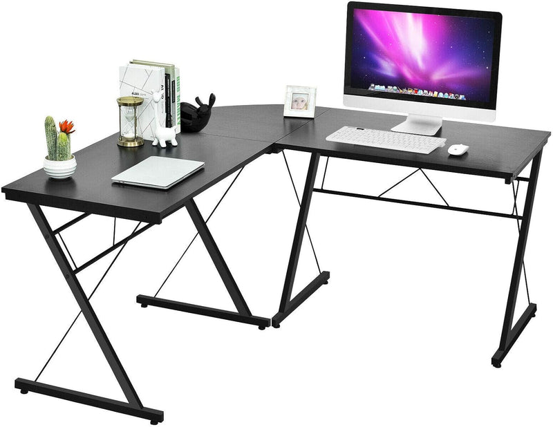 Black L-Shaped Design Corner Desk Home Office Computer Desk Laptop Notebook PC Workstation Gaming Studying Writing Table Multi-Functional Desk Detachable Design Split into 2 Separate Small Tables