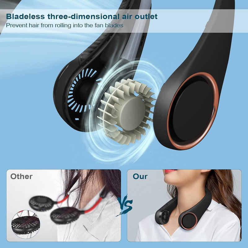 CIVPOWER Neck Fan: Portable Personal Neck Cooling Rechargeable Bladeless Fan - Hands Free 3 Speed 4000 Mah Battery USB Operated Wearable Headphone Design - for Men Women Outdoor Indoor Black