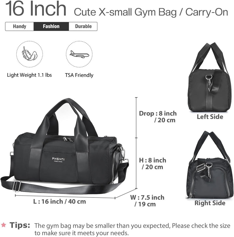 Compact Sports Gym Bag for Women and Men, Cute Mini Duffle Bag with Wet Pocket & Shoes Compartment, Personal Item Travel Workout Bag, 16"-Small, Black