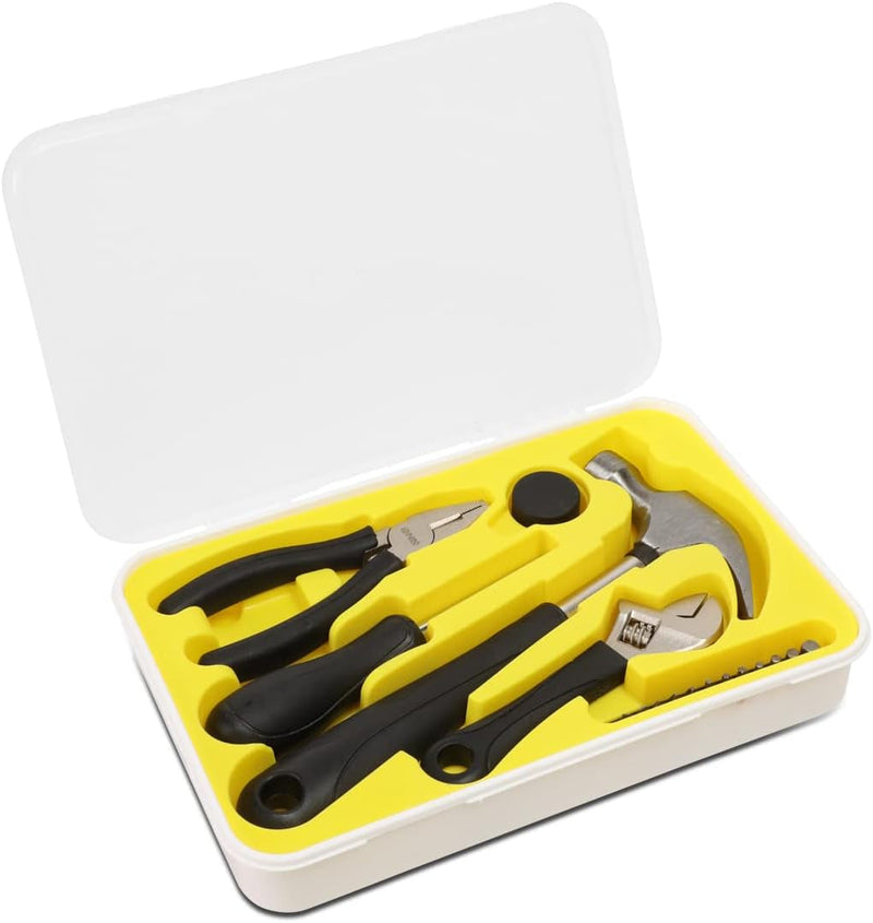 DNA Motoring TOOLS-00029 16 Piece Mechanic'S Home Repair Tool Set with Carrying Case, Includes Pliers, Wrench, Hex Key, Screwdriver, Spirit Level, and Tape Measurer, 1 Set, Yellow/Black