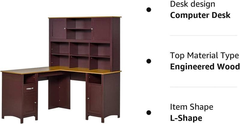 HOMCOM L Shaped Computer Desk with Hutch, 59" Corner Desk, Space Saving Home Office Desk with Storage Shelves, Drawer and Cabinet, Coffee Brown