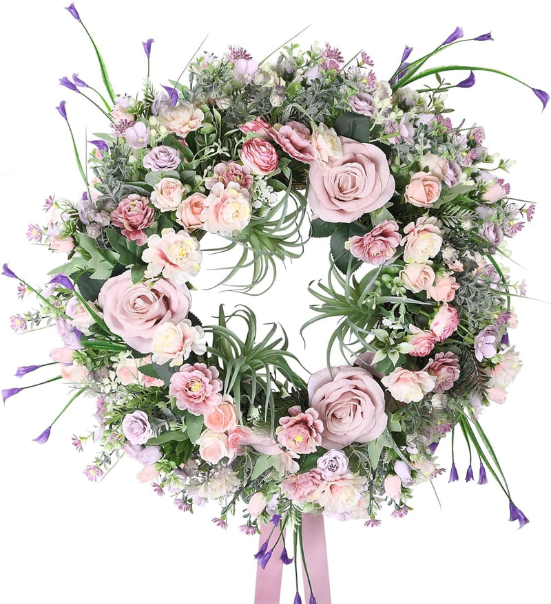 Beinhome Spring Wreath, 20In Rose Wreath Succulent Wreaths for Front Door Spring Wreath Summer Wreath Abundant Flowers Wreaths for Home Decor