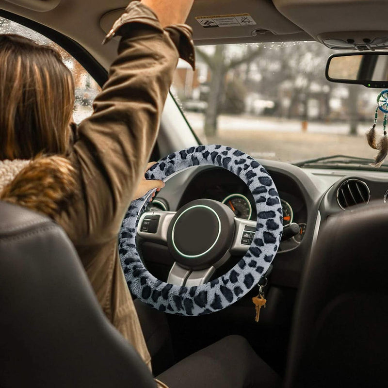 Fuzzy Steering Wheel Cover for Women Girls, Accmor Universal Fit Fur Car Wheel Cover & Handbrake Cover & Gear Shift Cover Set, Leopard Winter Warm Fluffy Vehicle Wheel Protector for Auto, SUV