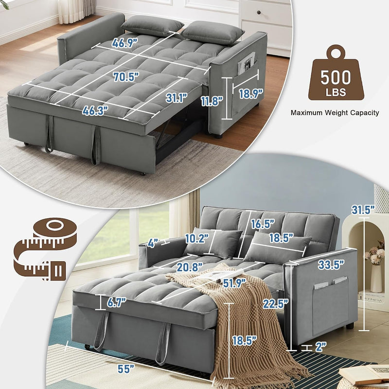 Convertible Sofa Couch 3-In-1 Multi-Functional Velvet Pull-Out Bed, 55'' Loveseat Chaise Lounge with Adjustable Backrest and Pillows, Grey