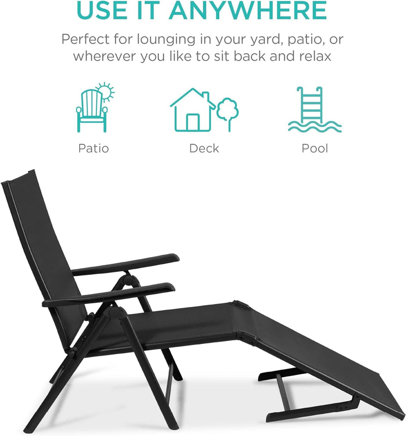 Best Choice Products Set of 2 Outdoor Patio Chaise Lounge Chair Adjustable Reclining Folding Pool Lounger for Poolside, Deck, Backyard W/Steel Frame, 250Lb Weight Capacity - Black
