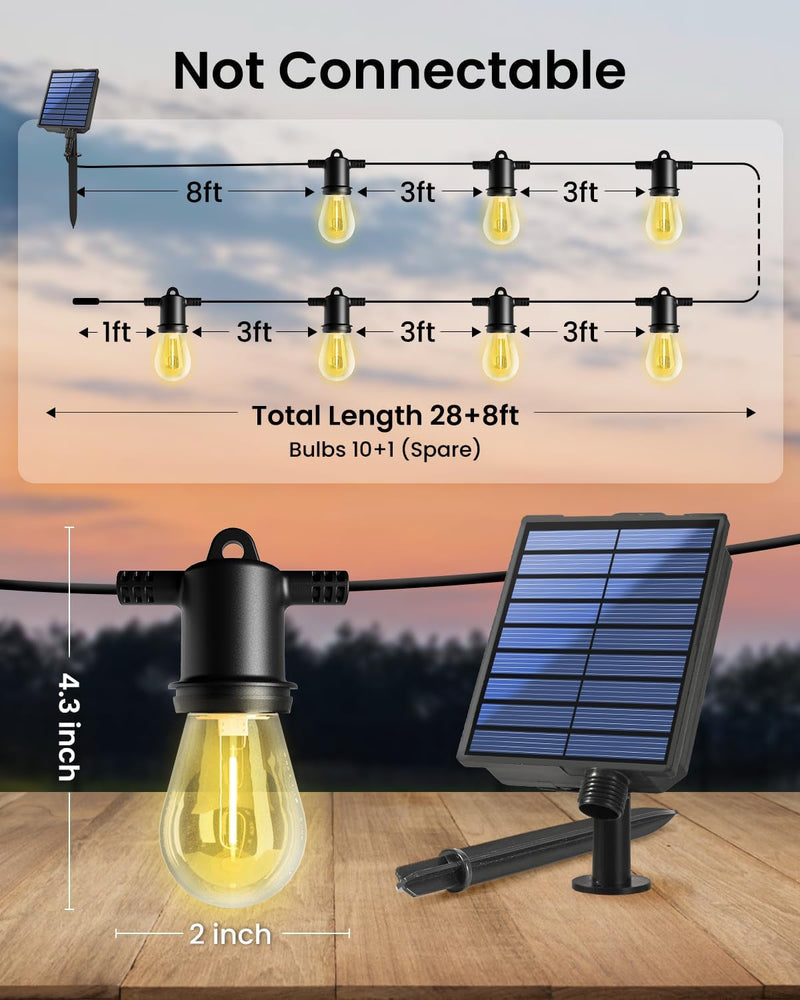 36FT Solar String Lights Outdoor Waterproof 10+1 LED Bulbs Remote Control Timer Dimmable 8 Modes USB Port Solar Lights for Outside, Outdoor Lights for Patio, Yard, Balcony, Garden, Camping