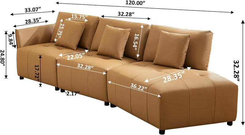 120'' Modern Sectional Sofa, Luxury Real Leather Curved Couch with Right Hand Facing Sectional Chaise Lounge 3 Pillows, 3 Seat Corner Sofa Couch for Living Room, Office, Apartment