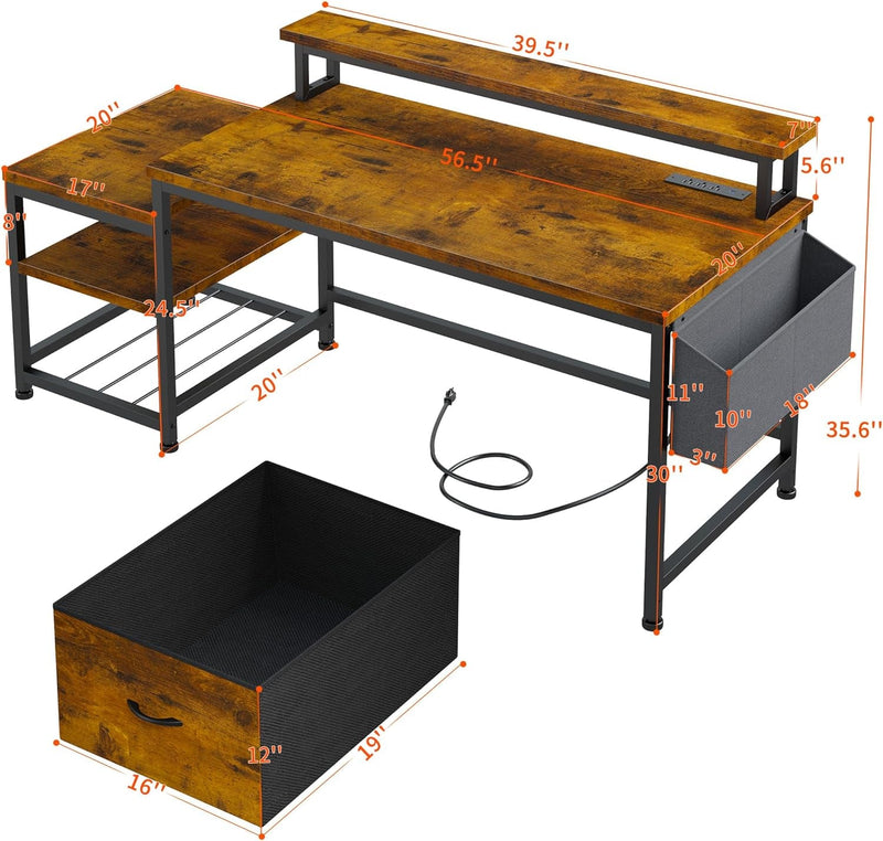 Enhomee 56.5" Computer Desk with File Drawers Cabinet,Home Office Desk with Shelves Monitor Stand,Study Writing Gaming Desk with Power Outlets,Work Table with Printer Space,Rustic Brown