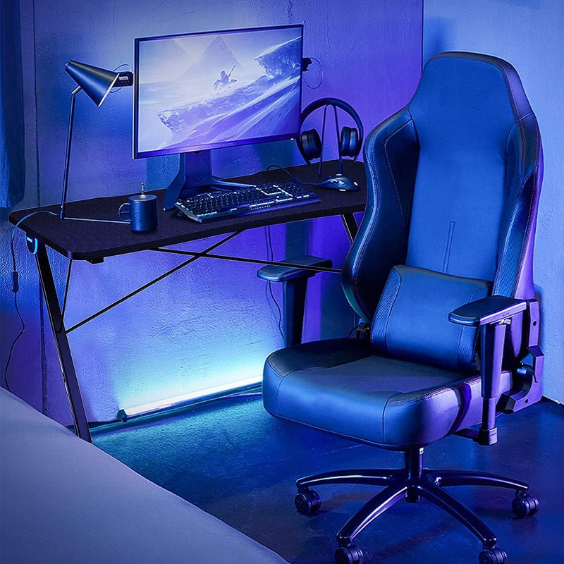 Ergonomic Racing Computer PC Table with 4 LED Lights & Large Desktop, Home Office Z-Shaped Writing Workstation Gamer Teens Adults Gaming Desk, Black