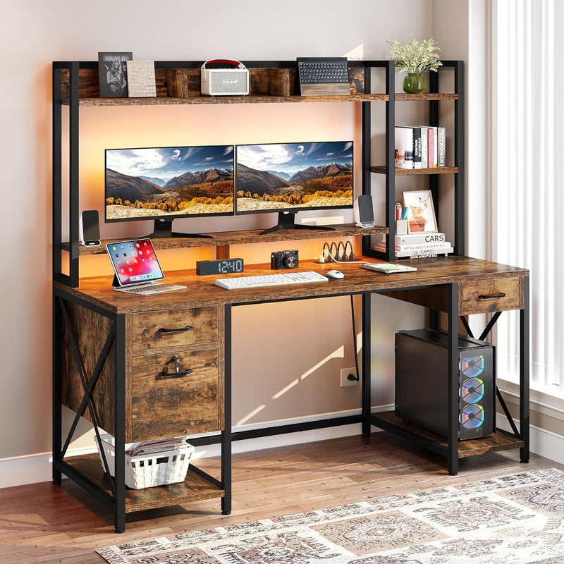 DWVO Computer Desk with Drawers & Hutch, 59.1" Office Desk with Power Outlets & LED Lights, Home Office Desk with Storage Shelves, Rustic Brown