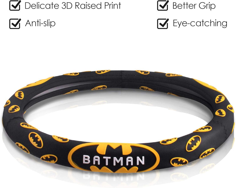 Finex Silicone 3D Molded Design - Batman Superhero Auto Car Steering Wheel Cover - Black - Universal Fit